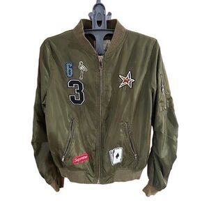 IT GIRL Green Satin jacket with patches and pins SIZE SMALL